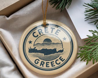 Crete Greece Ceramic Ornament – Circular Stamp Style Travel Keepsake, Greek Island Souvenir, Handcrafted Holiday Decor