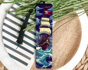 Crimson Chaos Metal Bookmark, Pirate Ship Art, Pixelated Design, Stormy Skies, Jolly Roger, Unique Gift