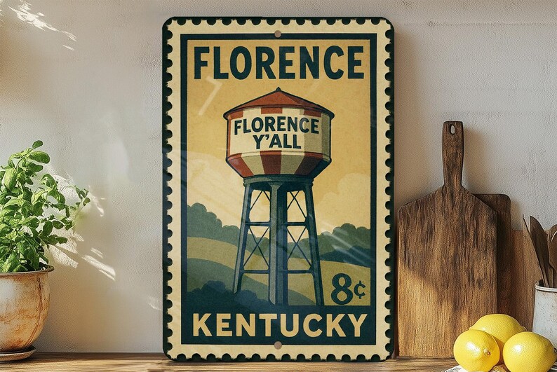 A vintage-style metal sign for Florence, Kentucky, featuring a water tower and the text "FLORENCE Y'ALL KENTUCKY".
