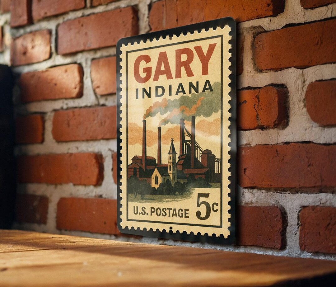 Gary Indiana Postage Stamp Metal Sign – Vintage City Landmark Souvenir ...