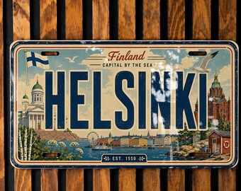 FINLANDS PAPER サイン入り Helsinki Finland Metal License Plate Sign, Helsinki Travel Poster