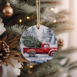 Christmas Truck Ceramic Ornament, Snowy Landscape Decor, Red Truck Design, Watercolor Christmas, Holiday Tree Decoration