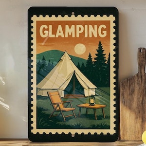 Glamping Stamp Style Metal Sign – Rustic Camping Decor, Vintage Trailer Wall Art, Outdoor Adventure Cabin Sign