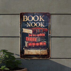 BOOK NOOK Vintage Style Metal Sign, Open Book Illustration, Warm Tones ...