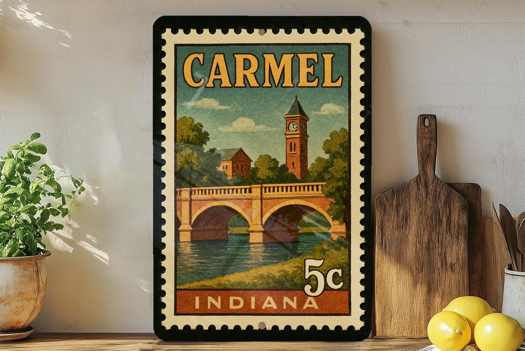 Carmel Indiana Metal Sign Featuring Retro Postage Stamp Design of