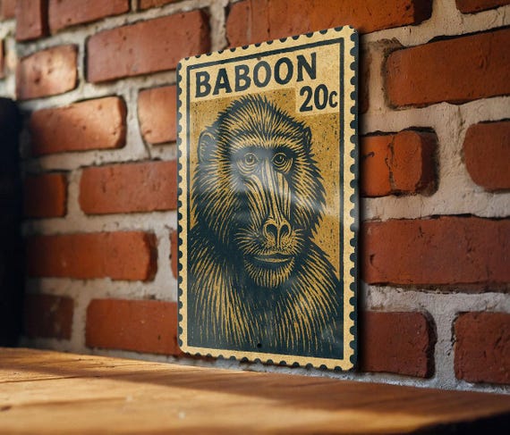 Baboon Metal Sign | Vintage Stamp Style Wall Art | Primate Decor