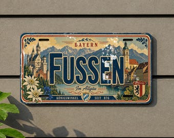 Retro Füssen Germany Souvenir License Plate, Bavarian Alps Travel Destination Plate, German Town Keepsake Tag