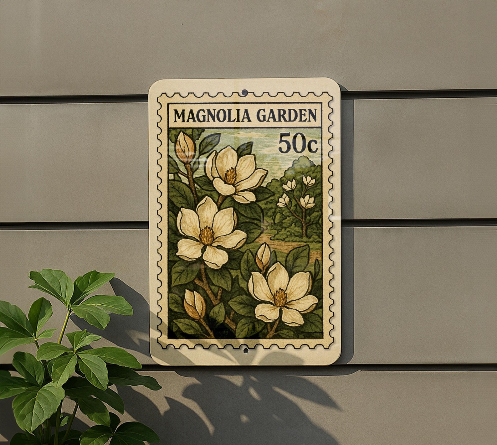 Magnolia Garden Metal Sign – Vintage Stamp Style Wall Art for Home ...