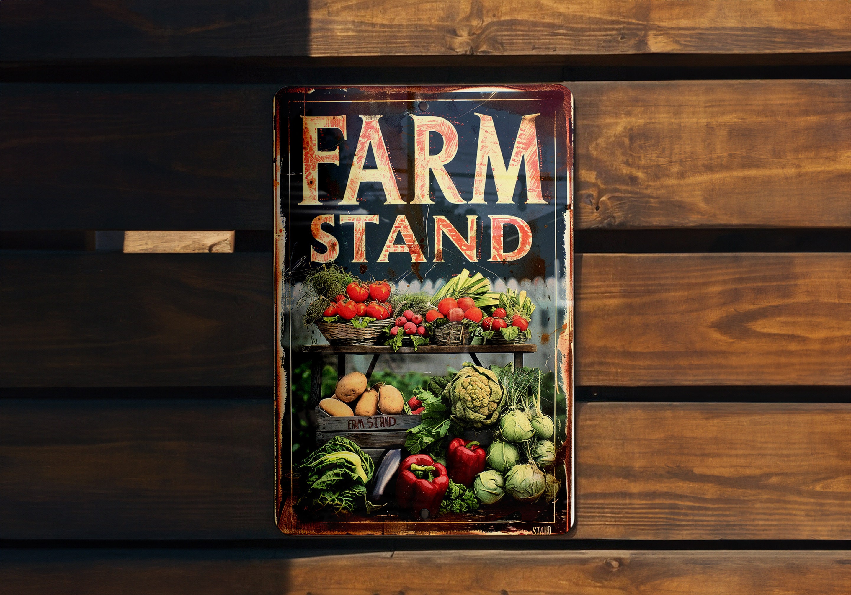 Vintage Farm Stand Metal Sign, Fresh Produce Illustration, Earthy Colors, Rustic Font, Farm Frame Decor