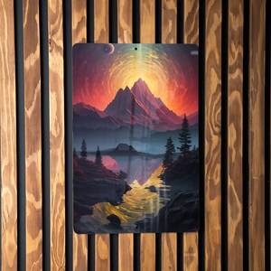 May include: A digital painting of a mountain range with a bright orange and yellow sunset in the background. The mountains are reflected in a lake in the foreground. The painting has a surreal and dreamlike quality.
