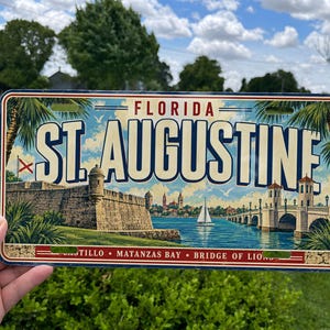 May include: A rectangular metal license plate featuring a vintage-style illustration of St. Augustine, Florida. The design includes the text 'FLORIDA', 'ST. AUGUSTINE', and 'CASTILLO MATANZAS BAY BRIDGE OF LIONS' with images of a stone fort and bridge.