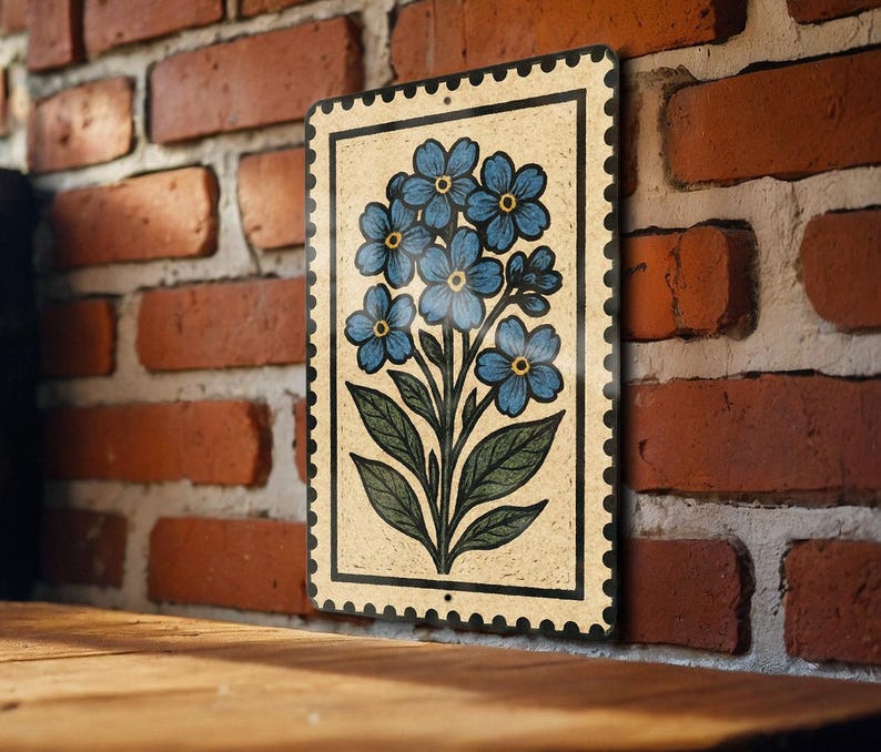 A decorative tile with a floral design is mounted on a brick wall.