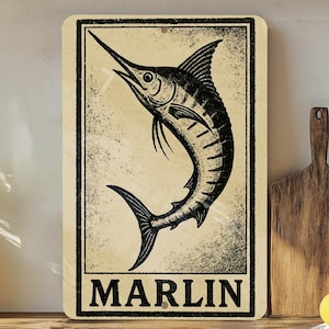 Marlin  Metal Sign – Vintage Nautical Stamp Style Wall Art for Beach House, Coastal Decor, Fisherman Gift