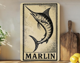 Marlin  Metal Sign – Vintage Nautical Stamp Style Wall Art for Beach House, Coastal Decor, Fisherman Gift