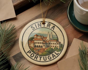 Sintra Portugal Ceramic Ornament – Circular Stamp Style Travel Souvenir, Handcrafted Holiday Gift, Vintage Map Art Decor