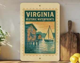 Virginia Historic Waterfronts Metal Sign – Vintage Stamp Style Wall Art for Nautical, Coastal, or Rustic Home Décor