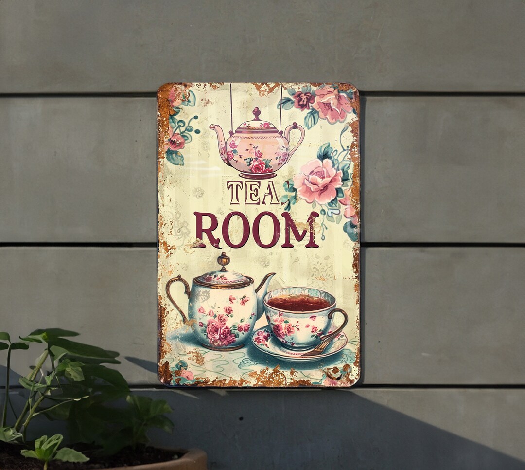 Vintage Tea Room Metal Sign: Victorian, Teapot and Cups, Soft Tones ...
