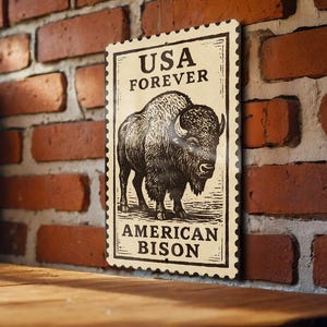 May include: A vintage-style metal sign featuring a detailed illustration of an American bison. The sign is designed to resemble a postage stamp, with the words "USA FOREVER" and "AMERICAN BISON" prominently displayed in black text on a cream background.