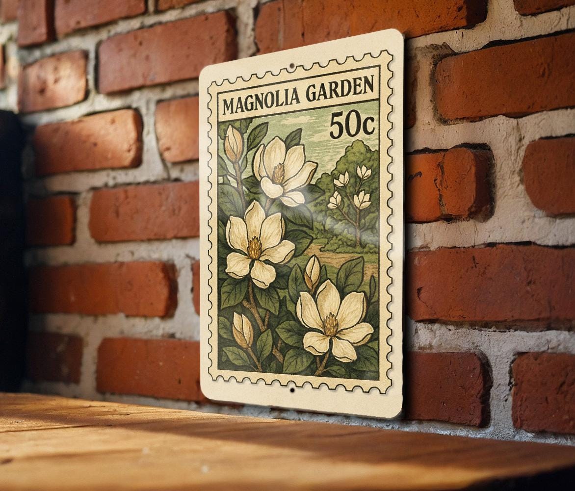 Magnolia Garden Metal Sign – Vintage Stamp Style Wall Art for Home ...