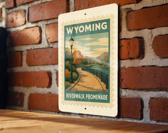 Wyoming Riverwalk Promenade Metal Sign – Vintage Stamp Style Wall Art, Rustic Western Home Decor, State Souvenir Plaque