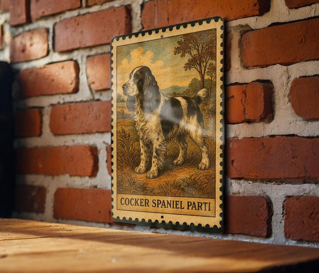 Cocker Spaniel Parti Vintage Stamp Style Metal Sign, Cocker Spaniel Dog ...