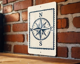 Nautical Compass Rose Metal Sign – Custom Stamp Style Wall Art, Rustic Maritime Decor, Coastal Outdoor or Indoor Sign