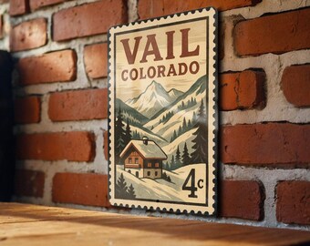 Vail Colorado Metal Sign Featuring Retro Postage Stamp Design of