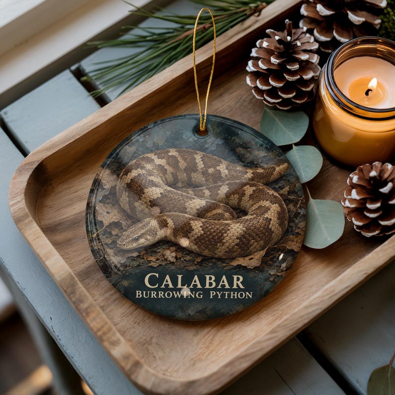A decorative ornament featuring a close-up image of a Burrowing Python snake, with the text "Calabar Burrowing Python" printed on it. The ornament is placed on a wooden tray, surrounded by pine cones and a lit candle.