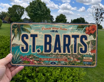 St Barts Metal License Plate Sign, St Barthelemy Caribbean Travel Poster License Plate Souvenir Wall Decor