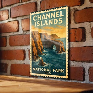 A vintage-style poster of the Channel Islands National Park in the United States, featuring a scenic coastal landscape with cliffs and the ocean.