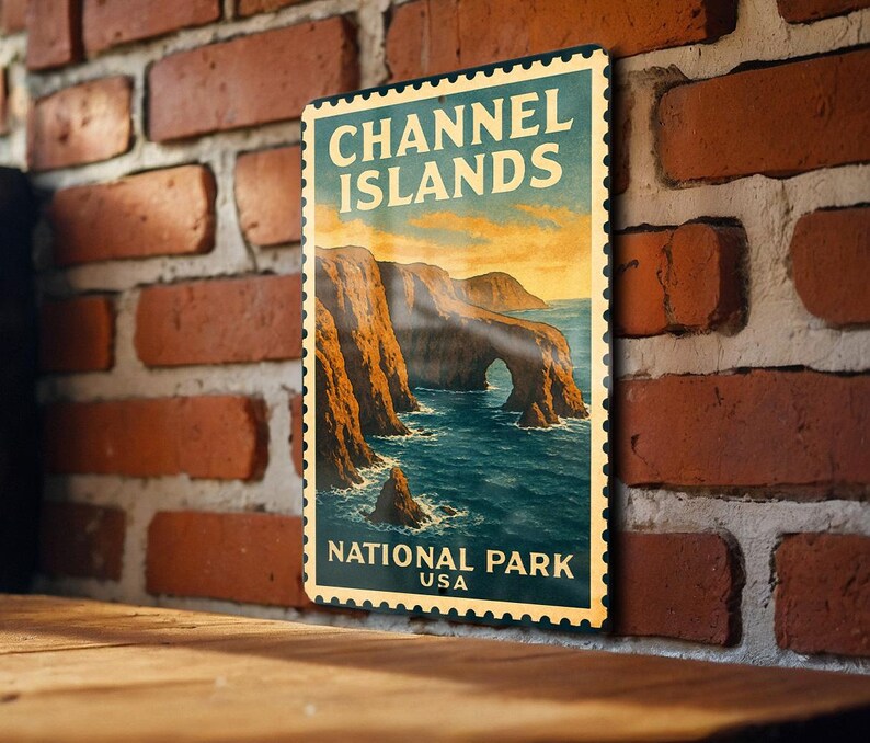 A vintage-style poster of the Channel Islands National Park in the United States, featuring a scenic coastal landscape with cliffs and the ocean.