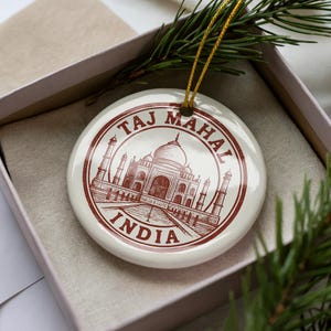 Taj Mahal India Ceramic Ornament – Circular Stamp Style Travel Souvenir, Indian Landmark Holiday Decor Gift