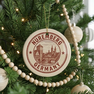 Nuremberg Germany Ceramic Ornament – Circular Stamp Style Travel Art, European City Souvenir, Vintage Map Christmas Decor