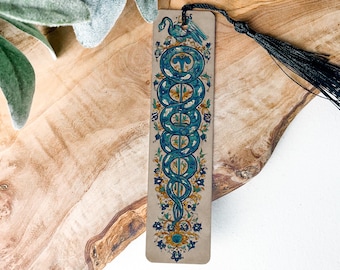 Rod of Asclepius Metal Bookmark – Ottoman Iznik Tile Art, Medical Symbol, Artistic Gift, Detailed Illustration
