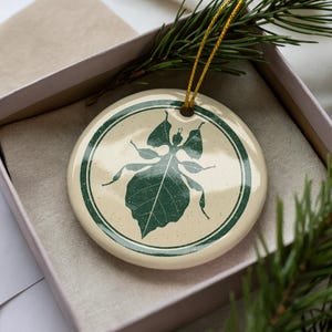 May include: A round, cream-colored Christmas ornament with a dark green insect design. The insect is leaf-like, with a detailed body and legs. The ornament is inside a pink box with a gold string for hanging. A sprig of pine needles is in the background.