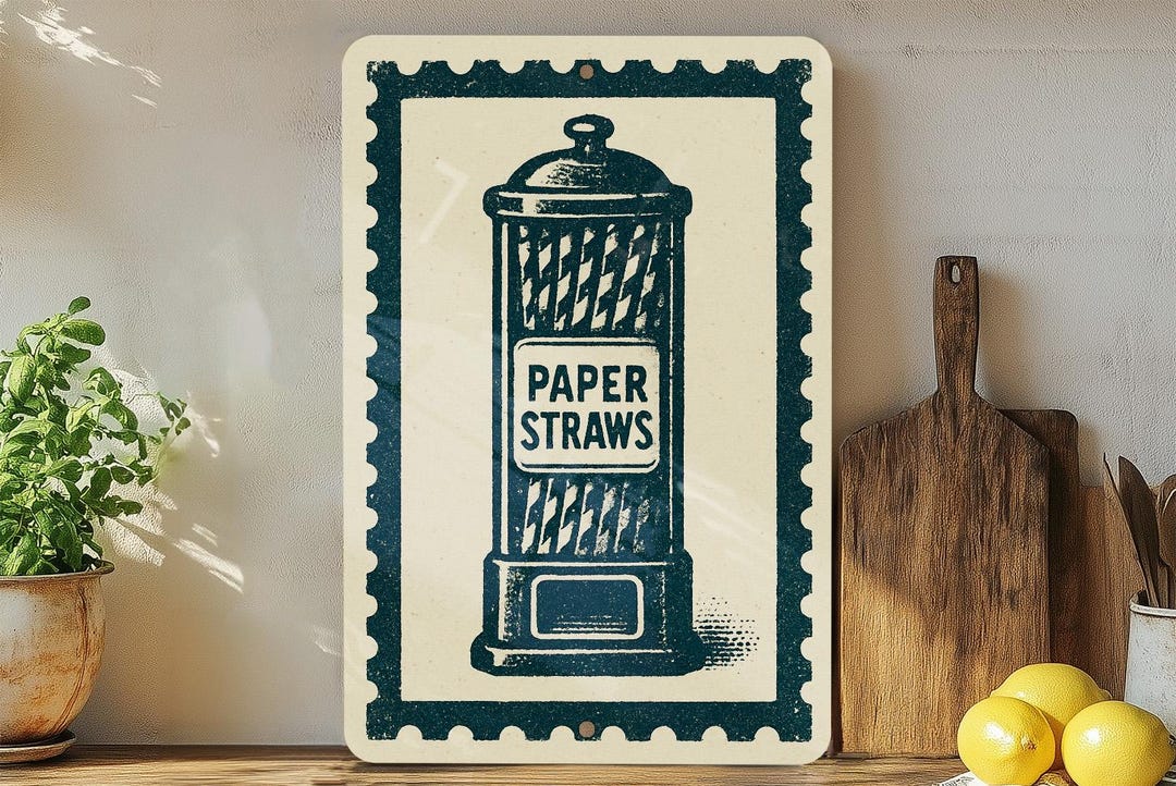 Paper Straw Sign Vintage Paper Straw Dispenser Metal Sign – Retro Kitchen Wall Art ...