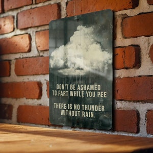 May include: A metal sign with a dark green background and white text. The sign features a cloud with rain drops and the text "DON'T BE ASHAMED TO FART WHILE YOU PEE THERE IS NO THUNDER WITHOUT RAIN."
