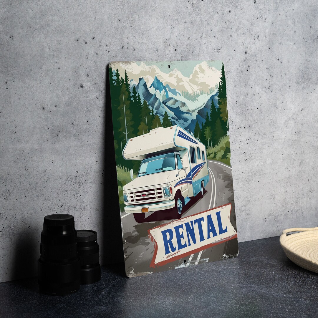 RV Rental Vintage Style Metal Sign - RV and Road Illustration, Soft ...