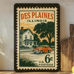 May include: Vintage-style metal sign featuring a Des Plaines, Illinois, postage stamp design. The artwork includes a house, a classic orange car, and the text "6c U.S. Postage."