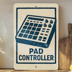 May include: A rectangular sign with a blue and white design featuring a pad controller. The words "PAD CONTROLLER" are printed in bold, blue letters. The sign has a vintage, distressed look.