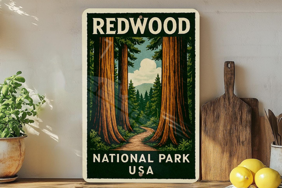Redwood Sign Redwood National Park Metal Sign – Vintage Stamp Style Wall Art, USA ...