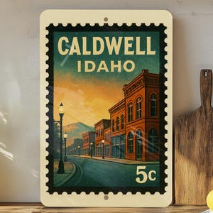 A vintage-style stamp depicting a street scene in Caldwell, Idaho, with a building and a street lamp.