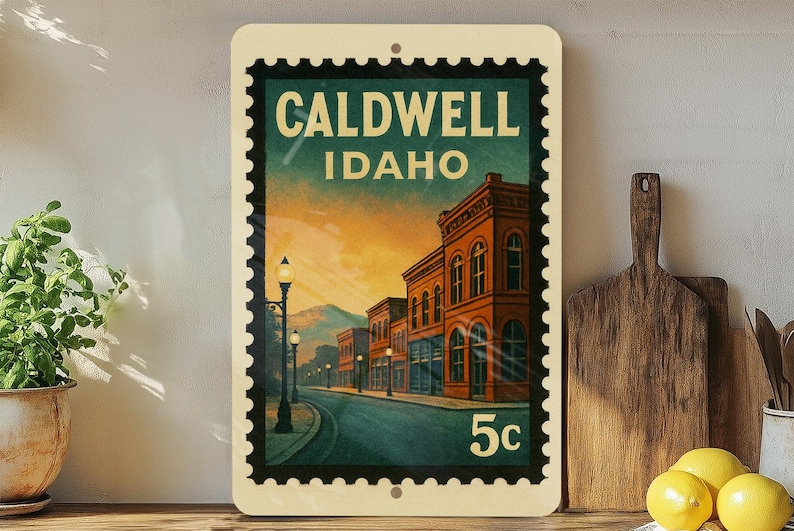 A vintage-style stamp depicting a street scene in Caldwell, Idaho, with a building and a street lamp.