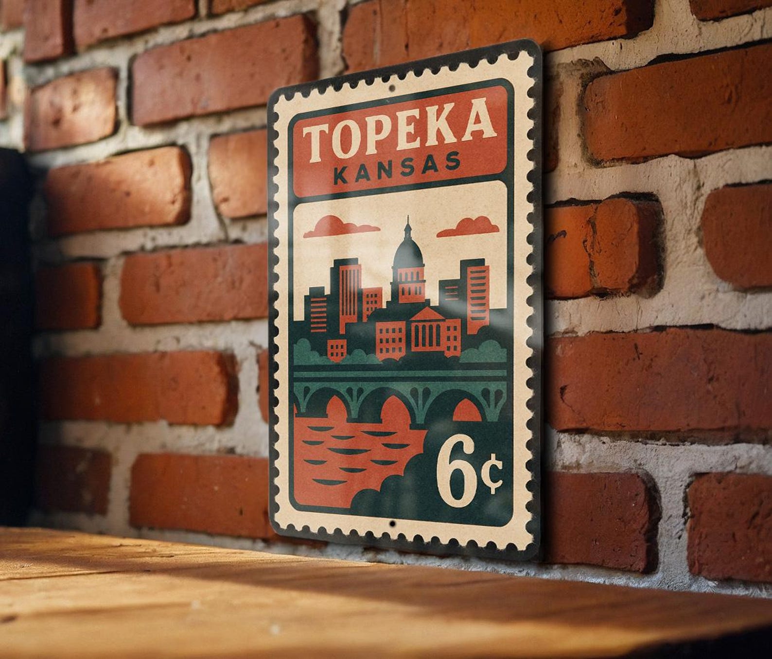 Topeka Kansas Metal Sign – Retro Postage Stamp Design Featuring City ...