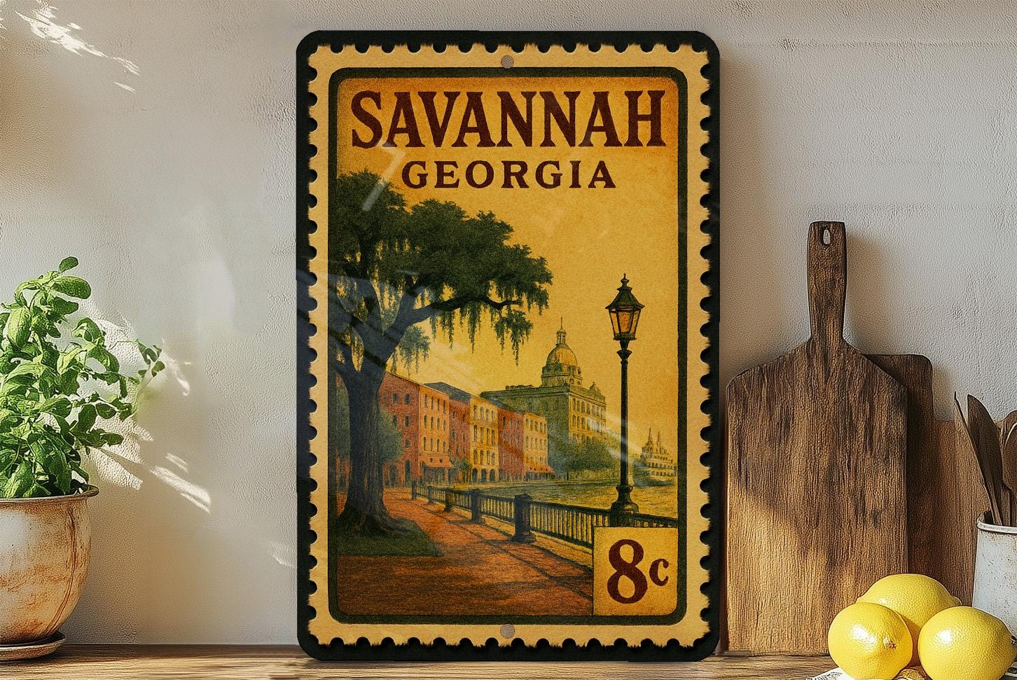 Savannah Georgia Metal Sign Featuring Retro Postage Stamp Design