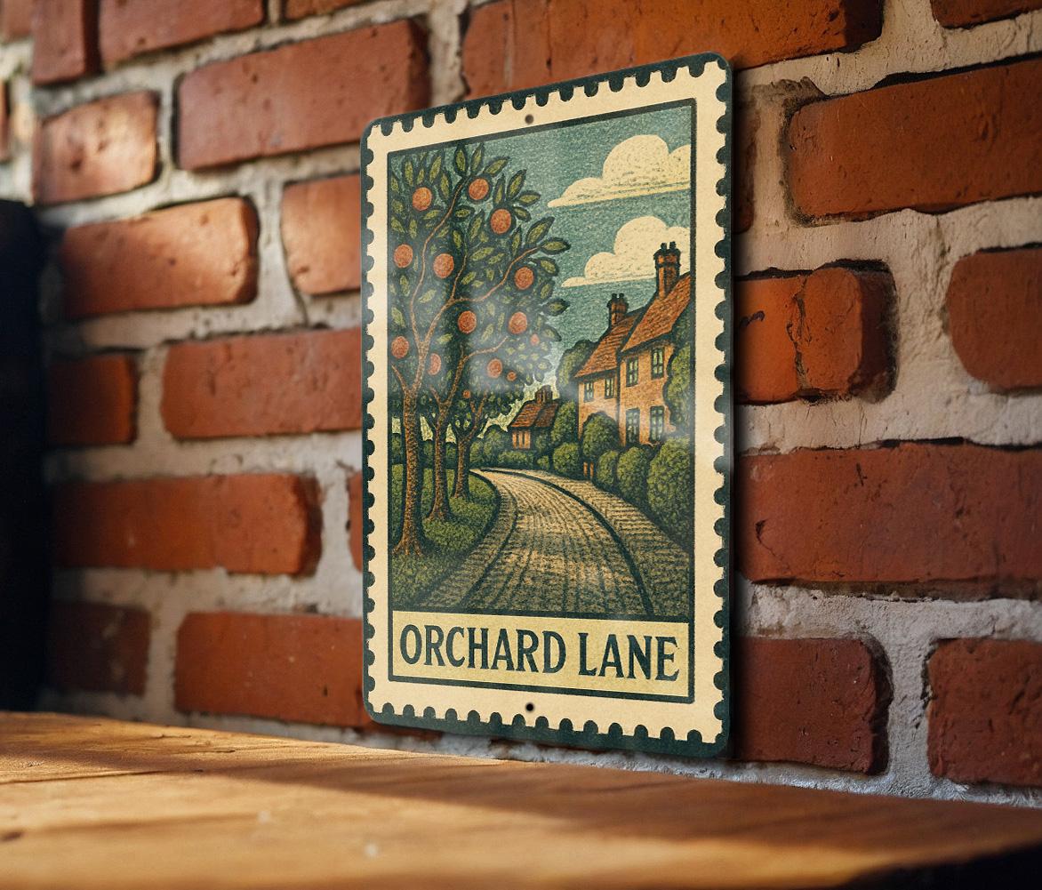 Orchard Lane Vintage Stamp Style Metal Sign – Rustic Farmhouse