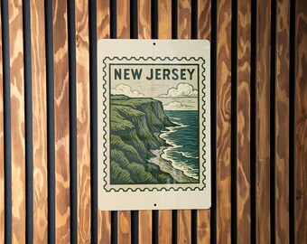May include: A rectangular metal sign featuring a vintage-style illustration of the New Jersey coastline. The sign has a postage stamp design with the words "NEW JERSEY" at the top. The artwork depicts cliffs, ocean, and sky.