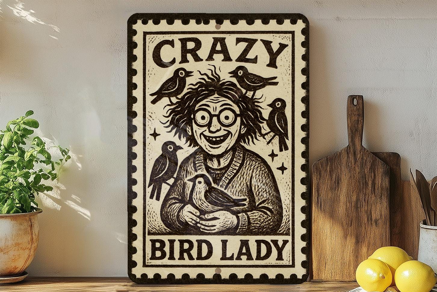Crazy Bird Lady Metal Sign – Vintage Stamp Style Wall Art for Bird ...
