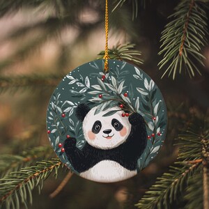 Panda Bear Mistletoe Ceramic Ornament, Cute Doodle Design, Holiday Decor, Christmas Gift, Circular Ornament