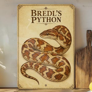 May include: A rectangular metal sign with a cream-colored background featuring a detailed illustration of a brown and tan patterned Bredl's python coiled in the center. The text BREDL'S PYTHON is printed in dark brown capital letters at the top.
